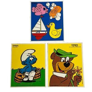 Vintage Playskool Wood Board Tray Puzzle Lot‎ Of 3 Yogi Smurf Bath Time 1982